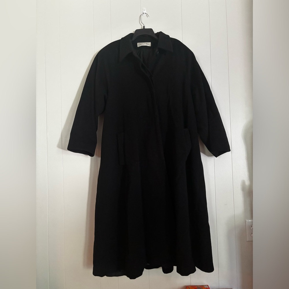VINTAGE CHRISTIAN DIOR BLACK GABARDINE CLOTH COVERED BUTTONS SWING COAT